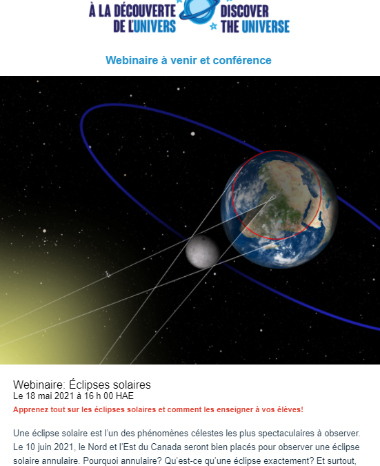 Webinaire: Éclipses solaires  Le 18 mai 2021 à 16 h 00 HAE